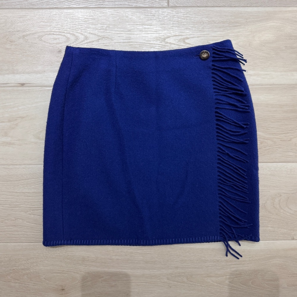 VTG Ralph Lauren Country Fringe Wrap Wool Skirt Blue Mini Union Made Size 12